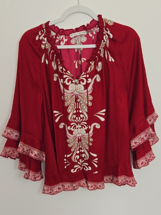 Alice + Olivia Tops - Alice + Olivia Red Oversized Boho Chic Flowy Feminine Blouse Designer Small
